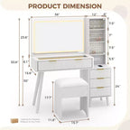 Coiffeuse cannelée de 122 cm avec miroir et lumières LED, station de charge, tabouret de rangement rembourré pour chambre à coucher