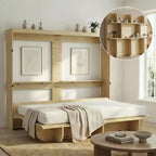 Lit escamotable 2-en-1 invisible Murphy avec étagères de rangement, Grand lit (Queen), Bois naturel (Matelas non inclus)