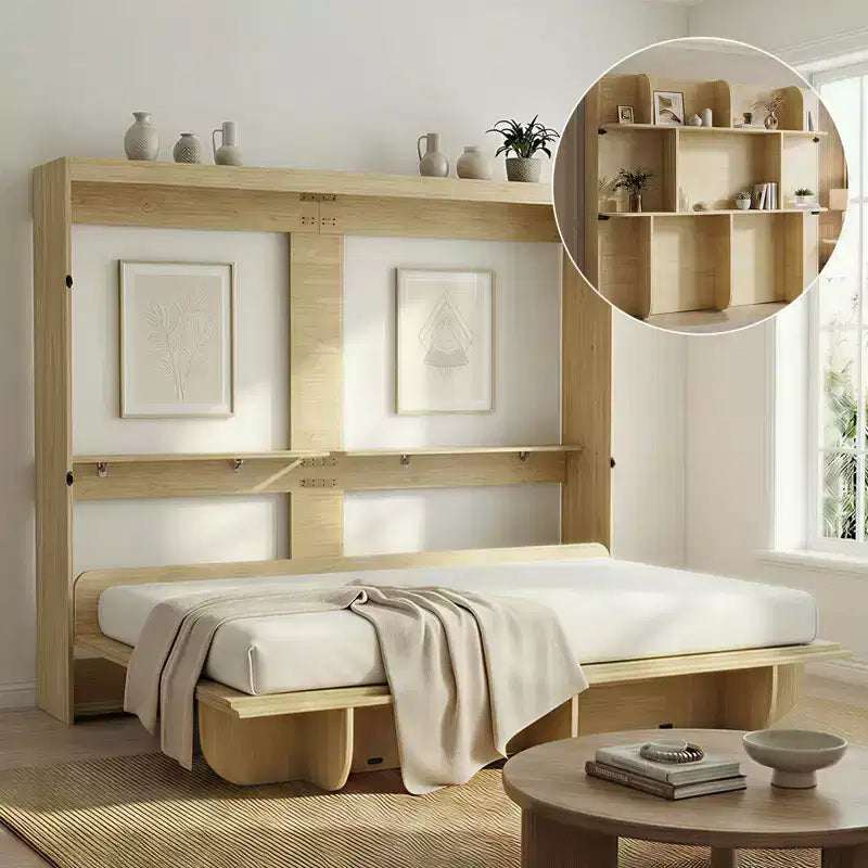 Lit escamotable 2-en-1 invisible Murphy avec étagères de rangement, Grand lit (Queen), Bois naturel (Matelas non inclus)