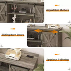 Meuble TV de ferme de 66 pouces pour téléviseurs de 75 pouces, console média avec porte de grange coulissante, prises de courant et placards de rangement réglables