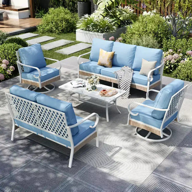 Captiva Designs Ensemble de conversation d'extérieur 5 pièces extra large en métal et rotin avec fauteuils pivotants à dossier en treillis et causeuse