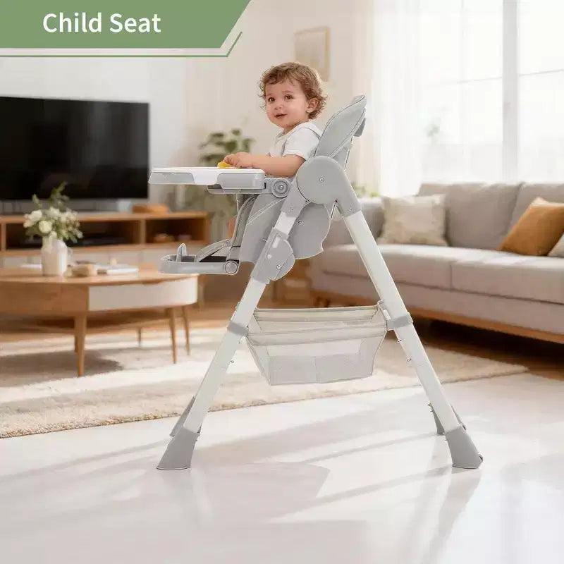 Chaise haute pliable pour bébés et tout-petits, chaise haute en cuir PU avec dossier réglable, hauteur d'assise, plateau amovible, harnais de sécurité 5 points et roues verrouillables