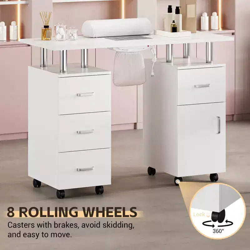Table de manucure avec collecteur de poussière, roulettes verrouillables, repose-poignet et rangement pour la maison, les prothésistes ongulaires et les salons de beauté