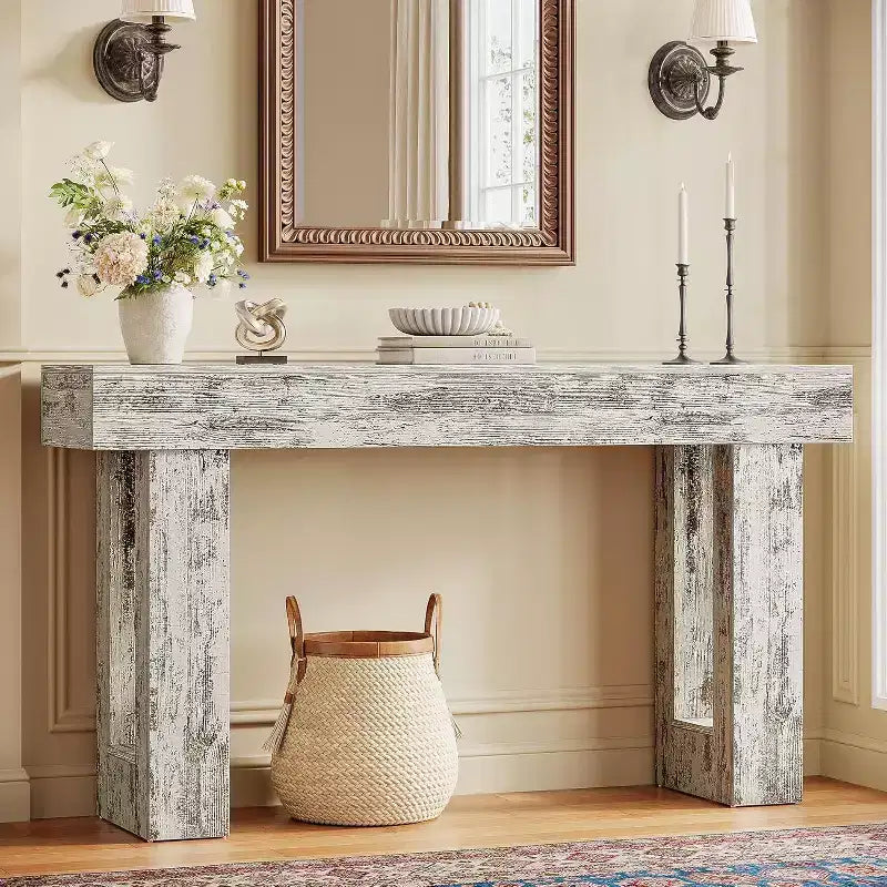 Console de ferme de 63 po, table d'appoint rectangulaire en bois blanc vieilli pour entrée, couloir et salon.
