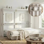 Lit escamotable 2-en-1 invisible Murphy avec étagères de rangement, Grand lit (Queen), Bois naturel (Matelas non inclus)