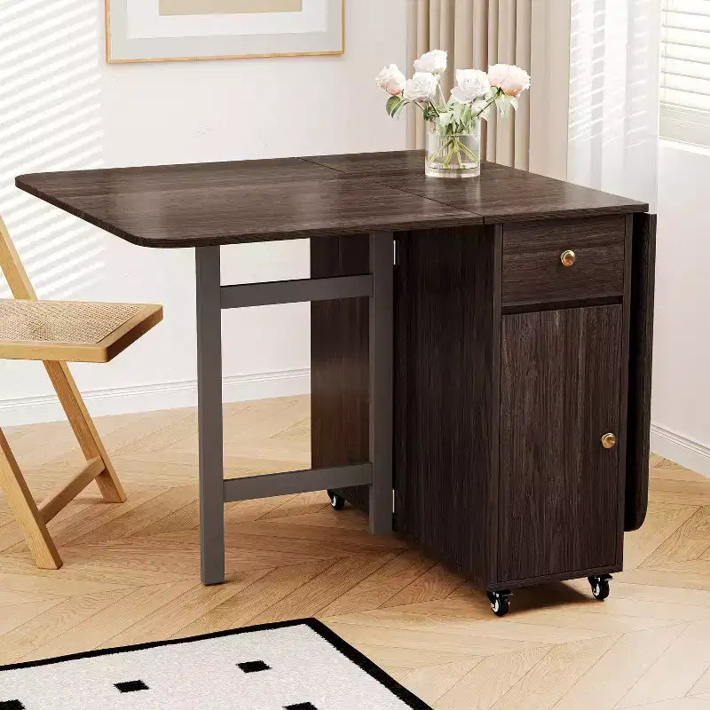 Table de salle à manger pliable ATJafurn 59 avec abattants pour petits espaces, table de cuisine rectangulaire en bois extensible avec roulettes et rangement