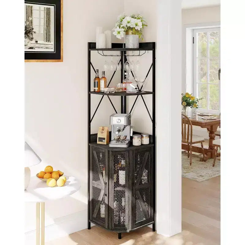 Meuble de bar d'angle Garvee à 5 niveaux, meuble à liqueurs de 181,6 cm de haut avec lumières LED pour la maison
