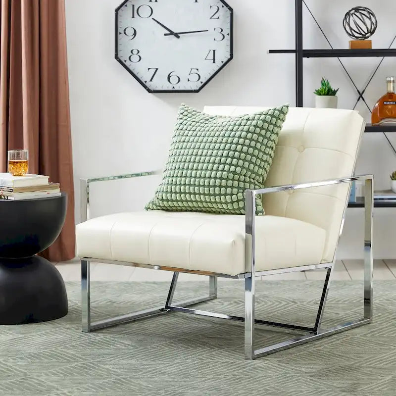 Glitzhome Fauteuil d'appoint touffeté en cuir PU crème, style milieu de siècle, 77,5 cm de hauteur, avec cadre chromé