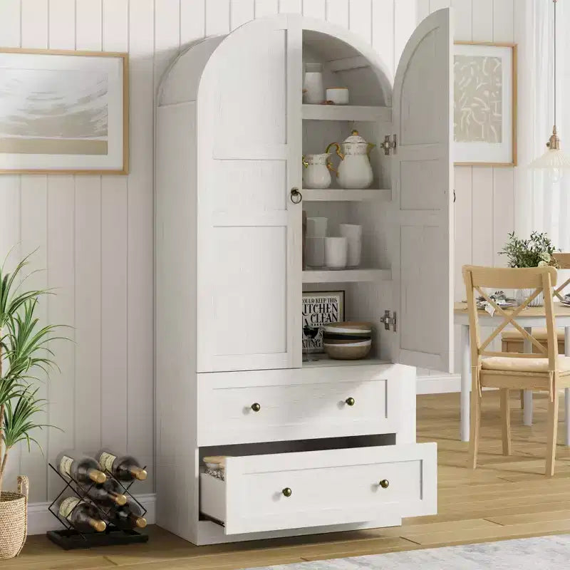 71 bibliothèque haute avec arche, bibliothèque arquée en bois avec portes et tiroirs, grande bibliothèque arquée de présentation avec rangement, convient pour le bureau et le salon