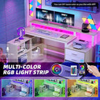 Bureau d'angle en L de 165 cm avec LED RVB, support d'écran et armoire de rangement – 1 personne | Blanc / Chêne / Gris anthracite / Noir