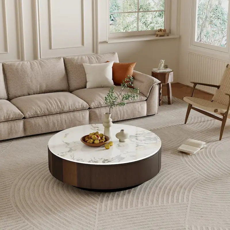 Table basse ronde moderne en faux marbre 35 po, plateau en pierre frittée blanche brillante, table du milieu du siècle avec tiroir en bois massif