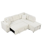 Canapé d'angle 4 places avec lit gigogne, pouf, ports USB et tablette rabattable