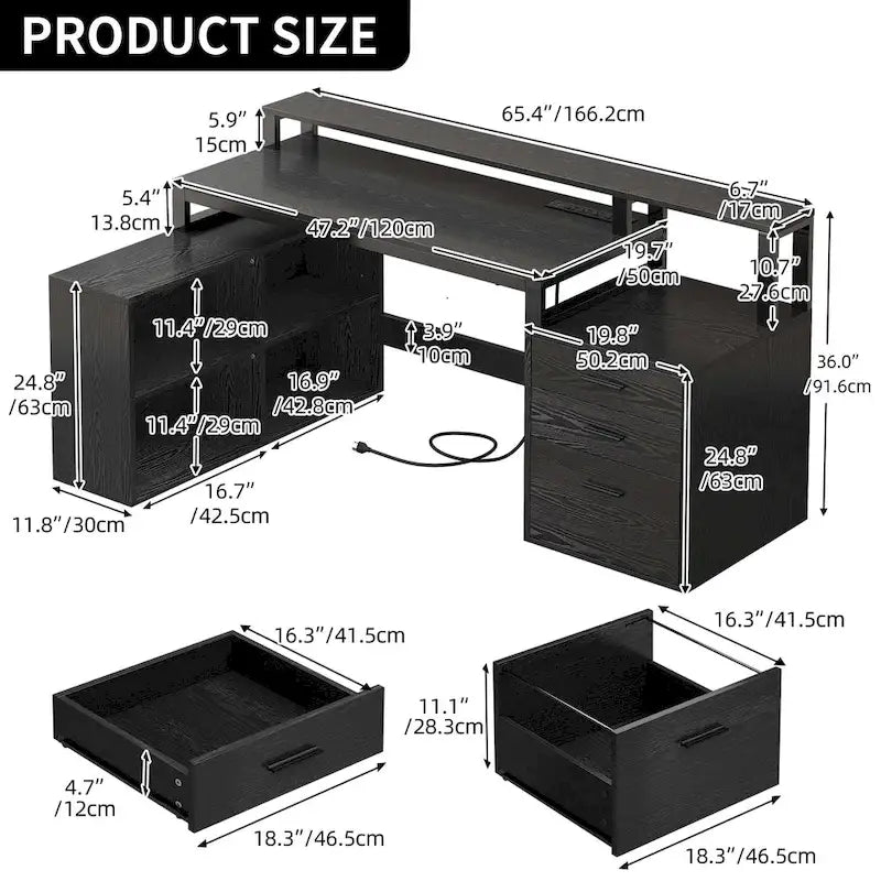 Bureau d'angle en L de 165 cm avec LED RVB, support d'écran et armoire de rangement – 1 personne | Blanc / Chêne / Gris anthracite / Noir