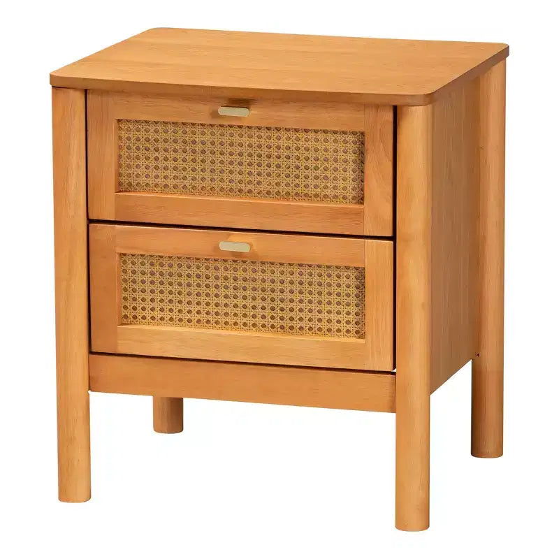 Ensemble de chambre à coucher Japandi 5 pièces Baxton Studio Jenn en bois brun doré, taille grand lit, avec rotin au fini vieilli