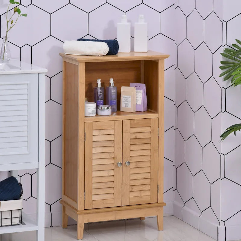 Meuble de rangement marron en bambou avec étagère ouverte et 2 portes, montage par 1 personne