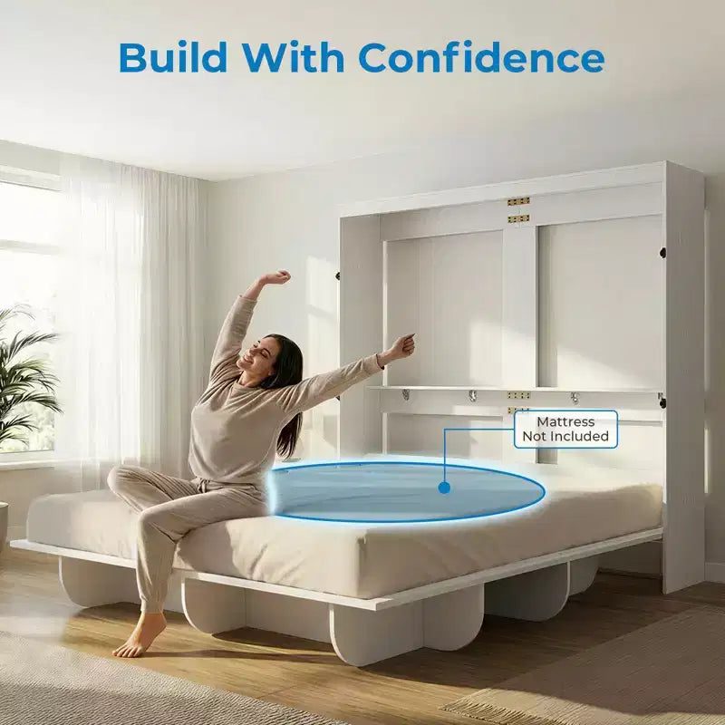 Lit escamotable 2-en-1 invisible Murphy avec étagères de rangement, Grand lit (Queen), Bois naturel (Matelas non inclus)
