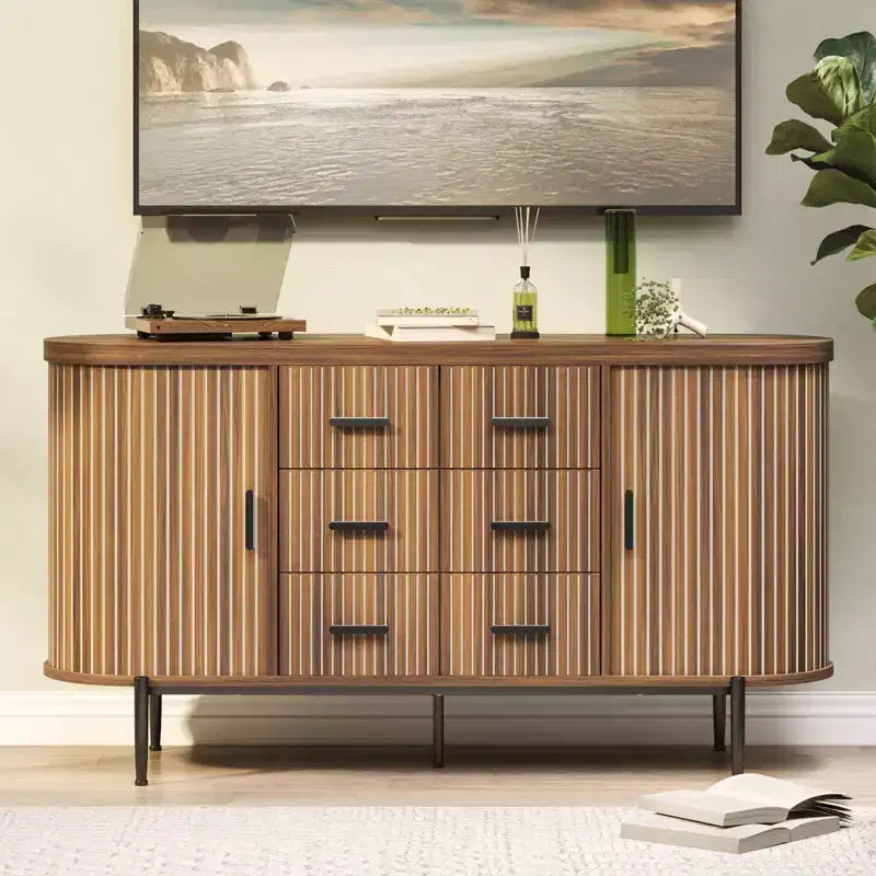 Buffet bas de ferme cannelé de 150 cm, meuble TV avec 6 tiroirs et 2 portes coulissantes, meuble de rangement polyvalent pour salon