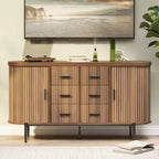 Buffet bas de ferme cannelé de 150 cm, meuble TV avec 6 tiroirs et 2 portes coulissantes, meuble de rangement polyvalent pour salon
