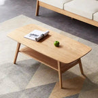 Table basse Grondin Nordic en bois massif naturel à 2 niveaux avec étagère, Table basse d'appoint rectangulaire
