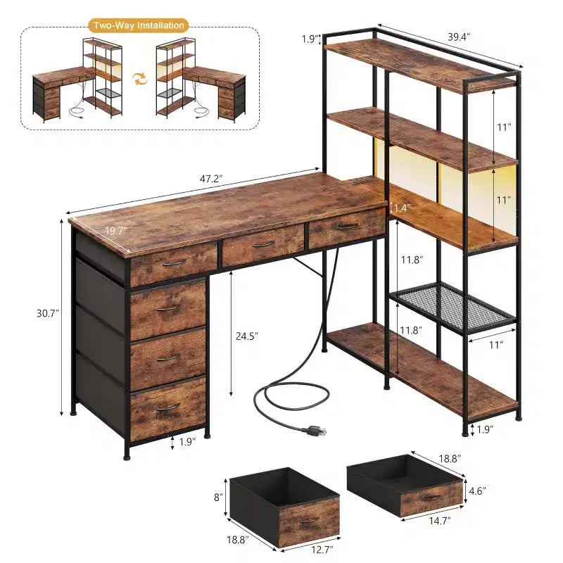 Bureau d'ordinateur en L de 120 cm avec 6 tiroirs et 5 étagères, bureau de jeu d'angle réversible avec lumières LED et prises de courant