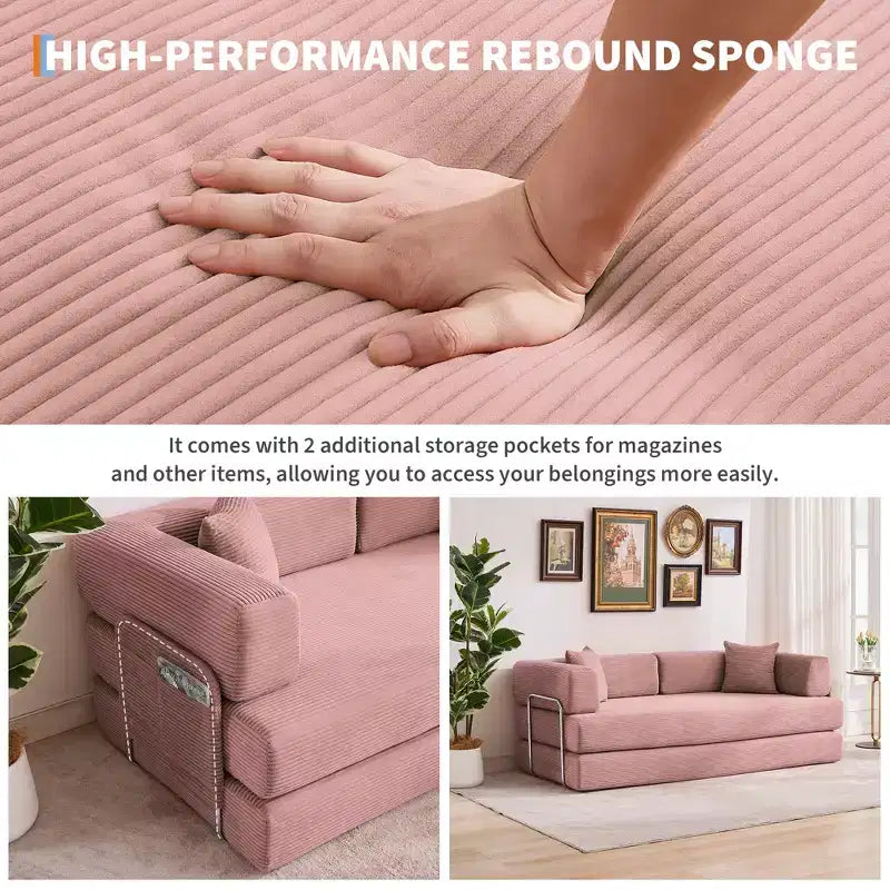 Canapé futon moderne en velours côtelé de 79 po pour petits espaces, canapé-lit convertible 5 en 1 avec accoudoirs et oreillers amovibles
