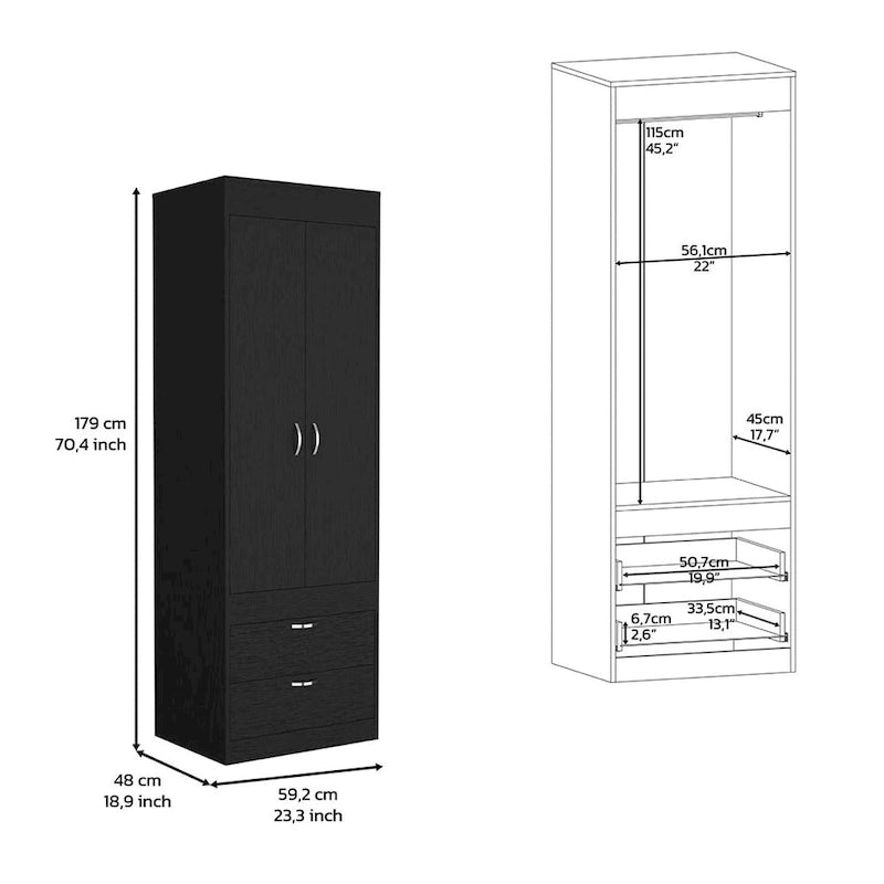 18.9 Armoire moderne à deux portes avec deux tiroirs inférieurs et tringle de suspension pour chambre à coucher