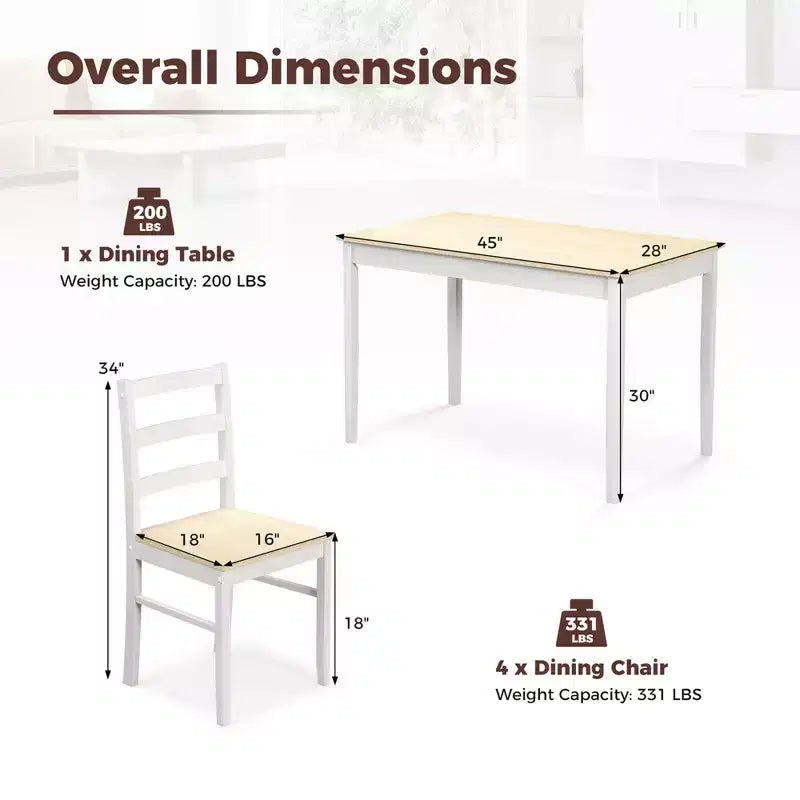 Costway Ensemble repas 5 pièces Bois massif Mobilier de cuisine avec table rectangulaire et 4 chaises Naturel/Café/Gris
