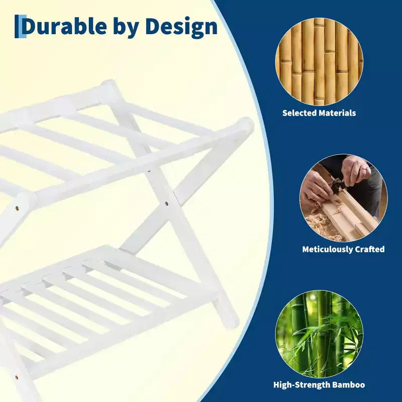 Lot de 2 porte-bagages pliables en bambou avec étagère à 2 niveaux, support de valise blanc de qualité supérieure supportant 68 kg pour chambres et hôtels