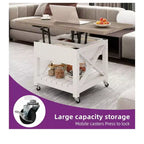 Table basse carrée à plateau relevable 3-en-1 avec tabourets à roulettes, table à manger multifonction à 2 niveaux avec rangements ouverts et dissimulés, pour salon et salle à manger