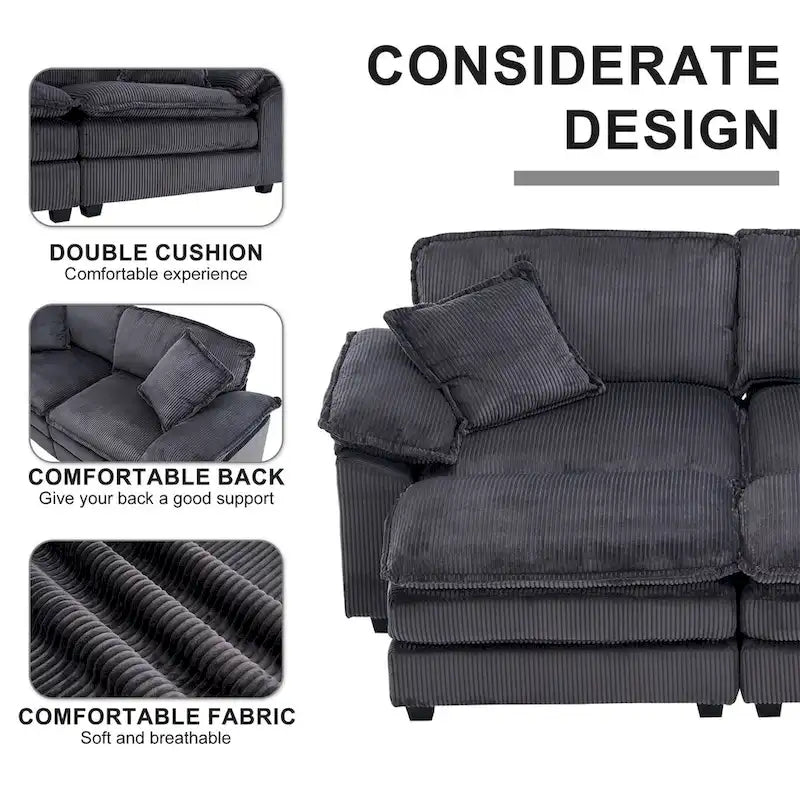Canapé 2 places moderne en velours côtelé avec 4 coussins de soutien et 2 poufs