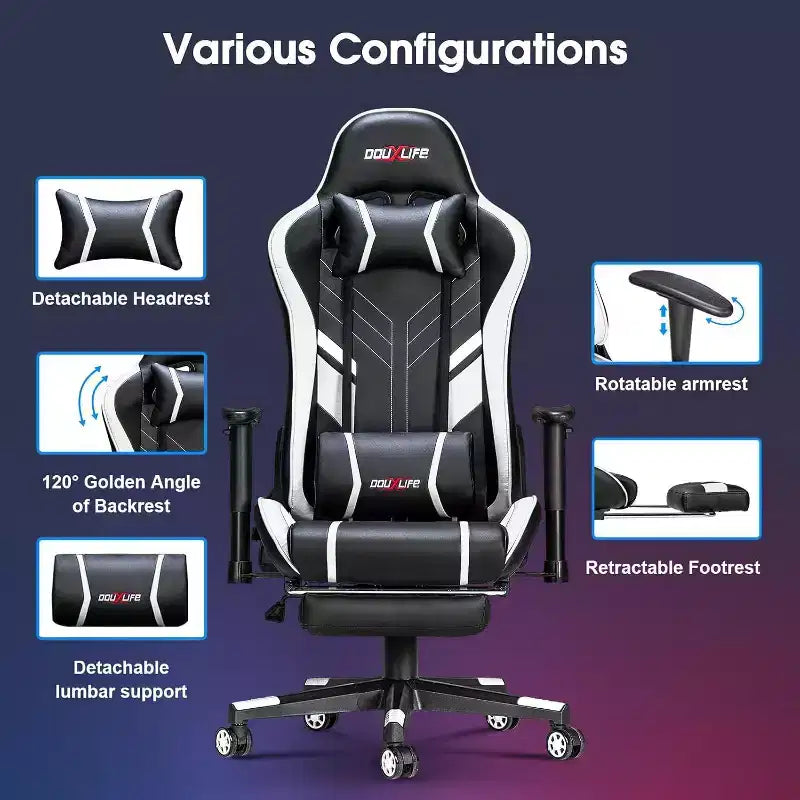 Douxlife Fauteuil de Jeu Ergonomique Moderne avec Massage à 7 Points, Repose-Pieds et Accoudoirs Réglables Noir et Blanc