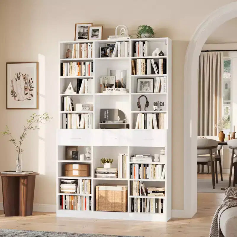 Bibliothèque 9 niveaux noir/blanc avec 3 tiroirs, étagères réglables