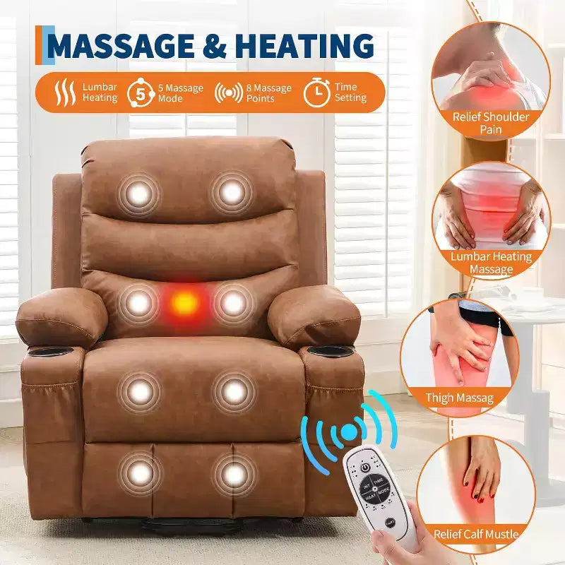 Fauteuil inclinable releveur avec massage et chauffage, fauteuils inclinables électriques surdimensionnés, siège de cinéma maison avec 2 porte-gobelets latéraux, fauteuil simple inclinable à bascule