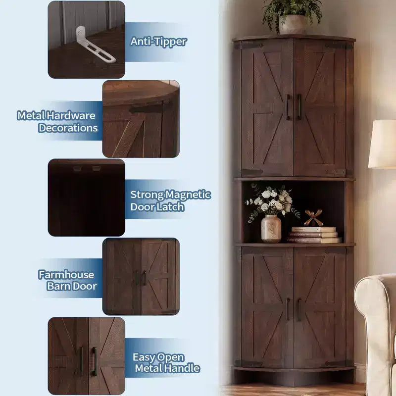 64,8" Meuble d'Angle Haut avec Portes, Armoire de Rangement d'Angle Marron Style Ferme, Meuble Garde-Manger d'Angle Autonome avec Étagères Réglables