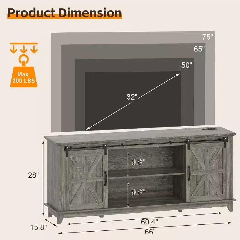 Meuble TV de ferme de 66 pouces pour téléviseurs de 75 pouces, console média avec porte de grange coulissante, prises de courant et placards de rangement réglables