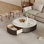 Table basse ronde moderne en faux marbre 35 po, plateau en pierre frittée blanche brillante, table du milieu du siècle avec tiroir en bois massif