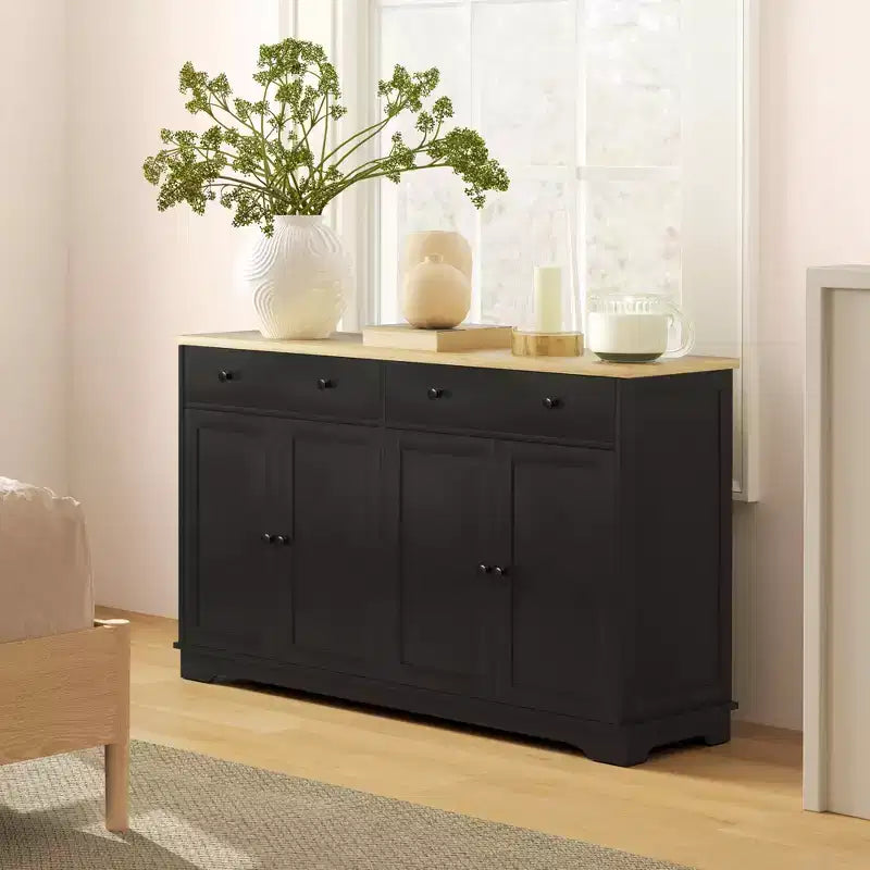 Buffet bas HOMCOM avec rangements, Meuble de cuisine moderne avec 4 portes, 2 tiroirs et 2 étagères réglables, Meuble de bar à café