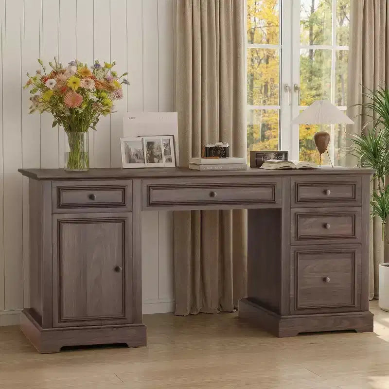 Bureau exécutif 60 po de style campagnard pour bureau à domicile – Bureau d'écriture en bois avec tiroirs, rangement d'armoire, bureau rustique pour le travail et les études