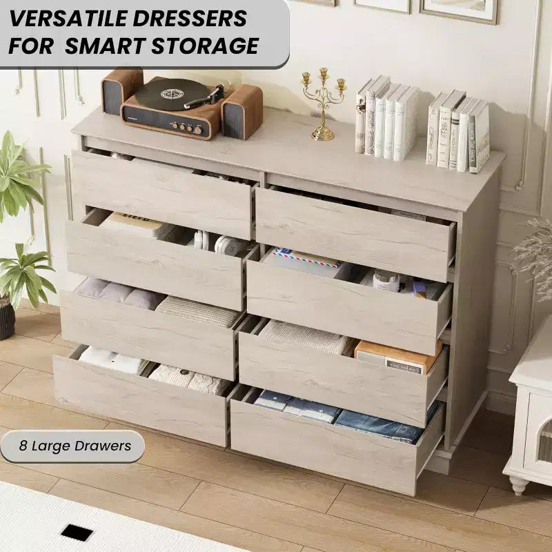 Commode moderne de chambre à 8 tiroirs, unité de rangement en bois pour placard, large commode