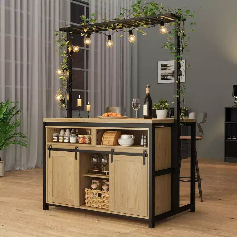 Îlot de cuisine, étagère de boulanger avec porte de grange coulissante, grand îlot de cuisine de 107 cm avec support à micro-ondes à 3 niveaux, étagères pour four et table de coin café