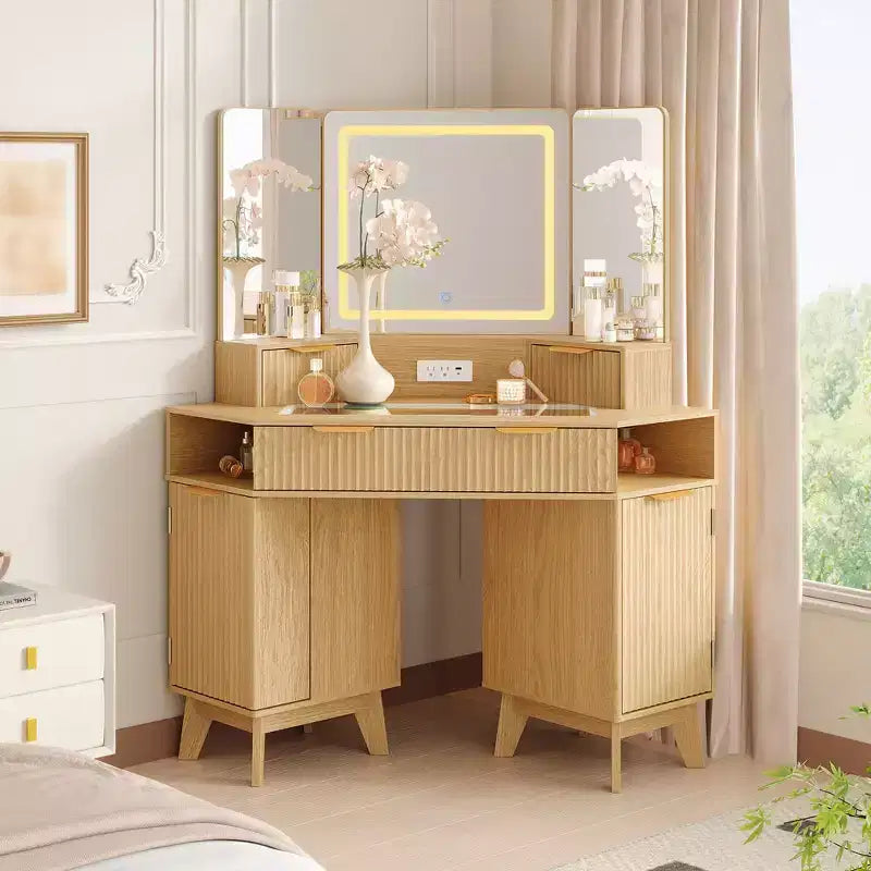 Coiffeuse d'angle 47 po avec miroir et lumière, table de maquillage en bois avec plateau en verre et station de charge, coiffeuse pour chambre à coucher
