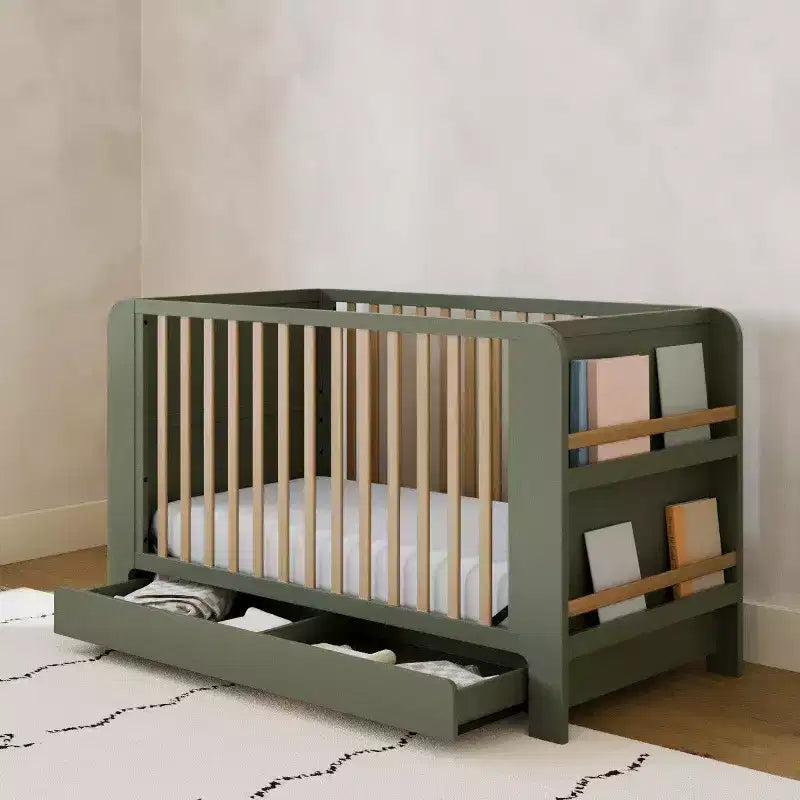 Lit bébé convertible 4-en-1 avec tiroir et étagères amovibles, base de matelas réglable