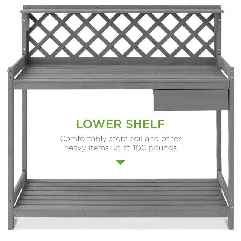 Table de rempotage de jardin en bois d'extérieur Best Choice Products, plan de travail avec tiroir de rangement et étagère ouverte