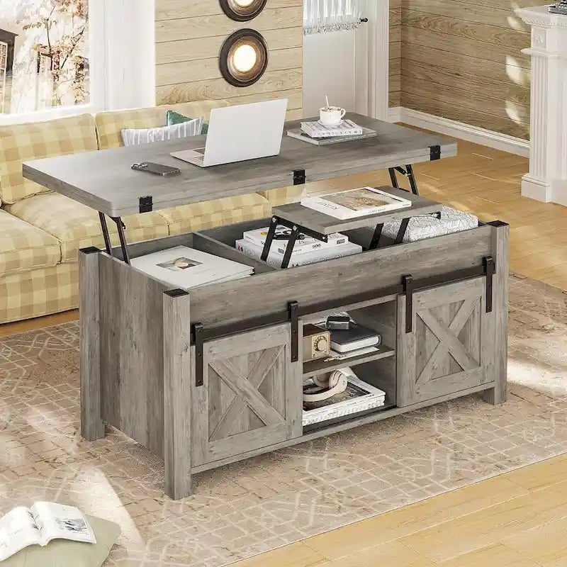 Table basse relevable 2 portes coulissantes style grange Table à manger avec rangement