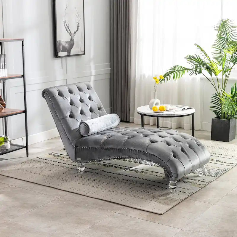Chaise longue inclinable en velours capitonnée avec oreiller et pieds en acrylique