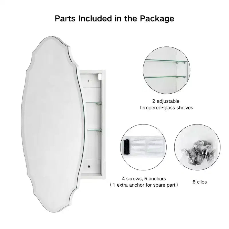 Armoire à pharmacie murale avec miroir 20 po L x 30 po H, sans cadre, biseautée, avec arc irrégulier