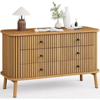 Commode, commode horizontale à 6 tiroirs avec poignées noires et pieds en bois, aspect bois naturel