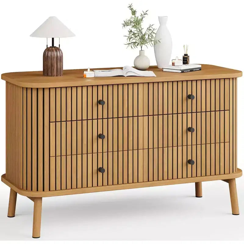Commode, commode horizontale à 6 tiroirs avec poignées noires et pieds en bois, aspect bois naturel