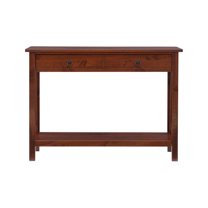Console en bois marron tabac antique avec tiroir et étagère ouverte