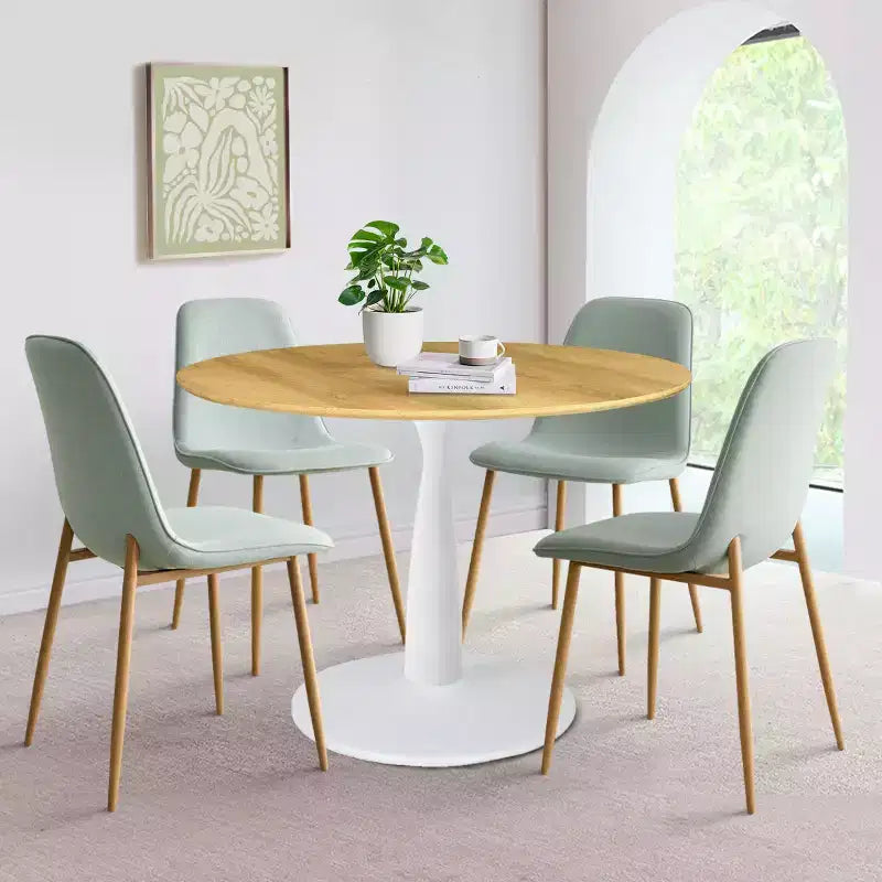 Ensemble de salle à manger rond 5 pièces, table piédestal 37" avec plateau aspect bois et chaises courbées rembourrées, style moderne-Panipeachy